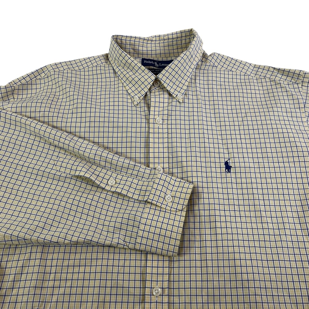 Ralph Lauren Vintage Button Down‎ Shirt Mens XL Yellow Window Pane Cotton